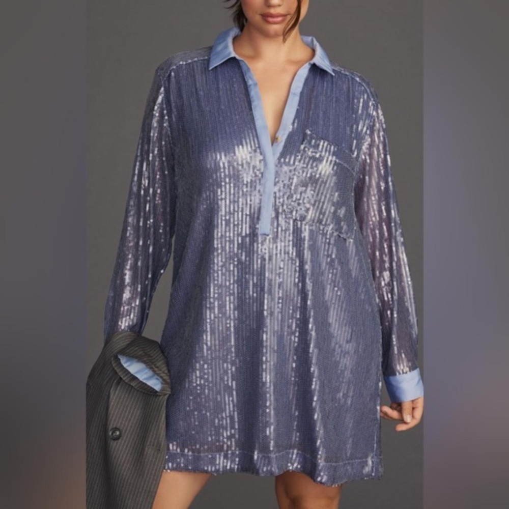 Anthropologie Lavender Sequin Long Sleeve Shirt Dress